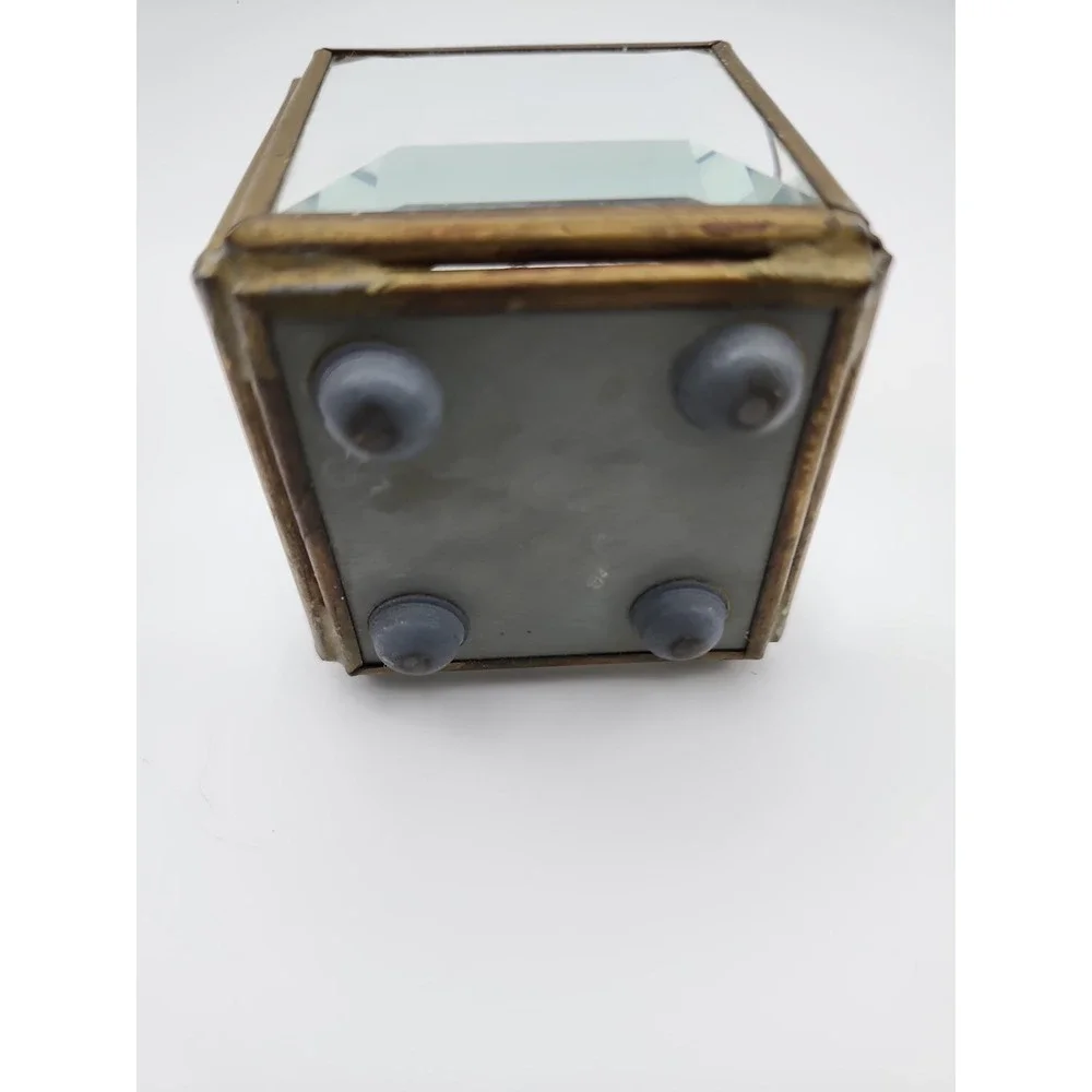 Small Vtg Thick Beveled Glass & Brass Jewelry/Trinket Box 2-5/8
